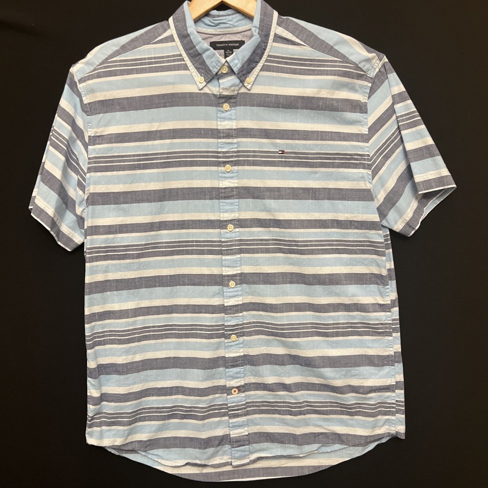 Tommy Hilfiger Men's XL Classic Fit SS Button Down Blue Stripe Coastal